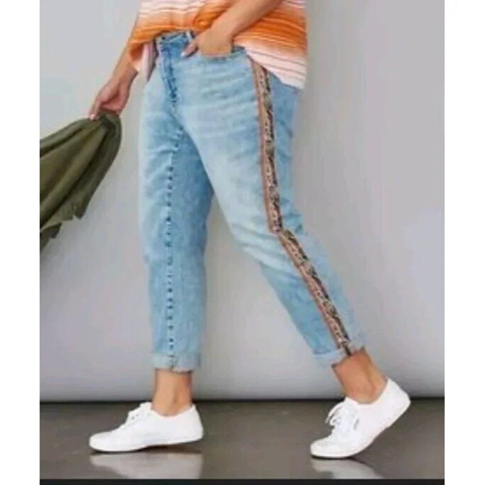 Pilcro Light Blue Boyfriend Jeans with Side Leopard Stripe